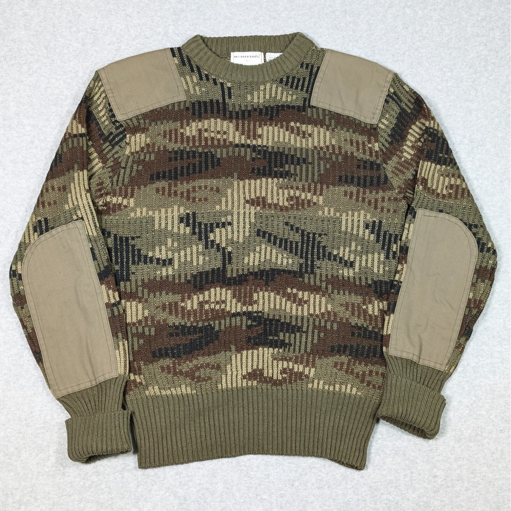 VTG OSHMAN'S Camo Sweater Mens Large Crewneck Elbow Patches Army Green Hunting